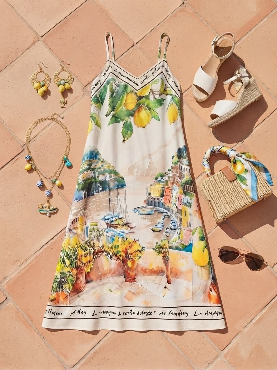 Sommerkleid Zitrone Lang Spagettiträger Beige